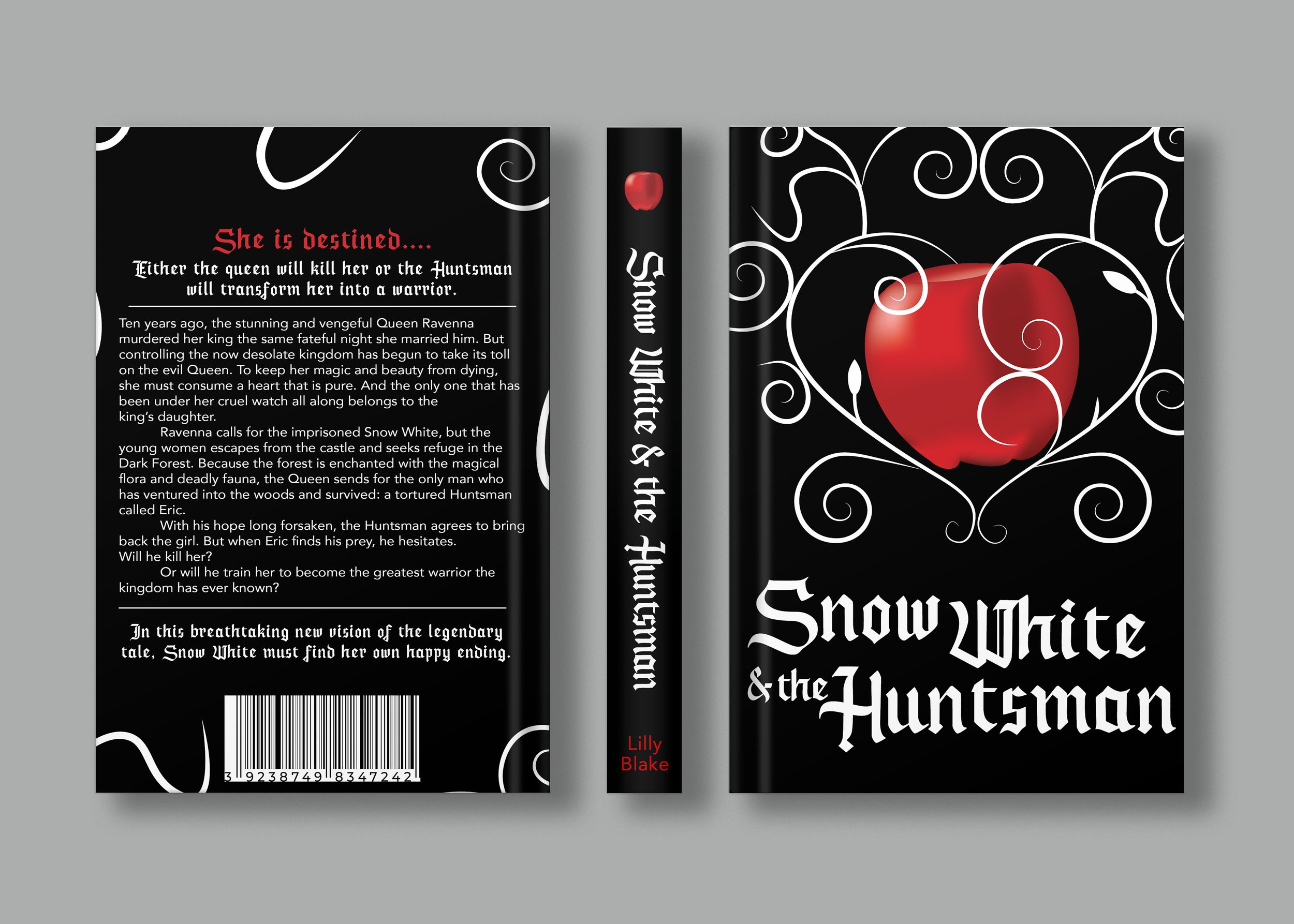 Elegant black book design with red apple motif for Snow White and the Huntsman.