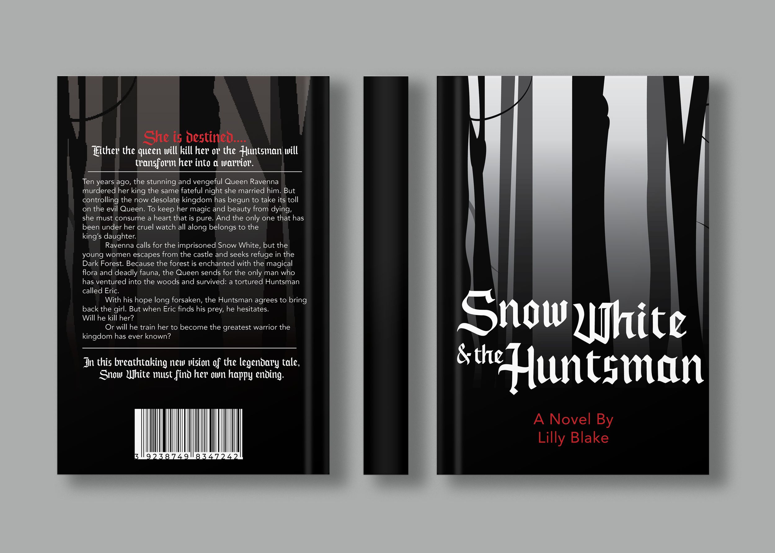 Book cover designs for Snow White and The Huntsman in dark monochromatic style.