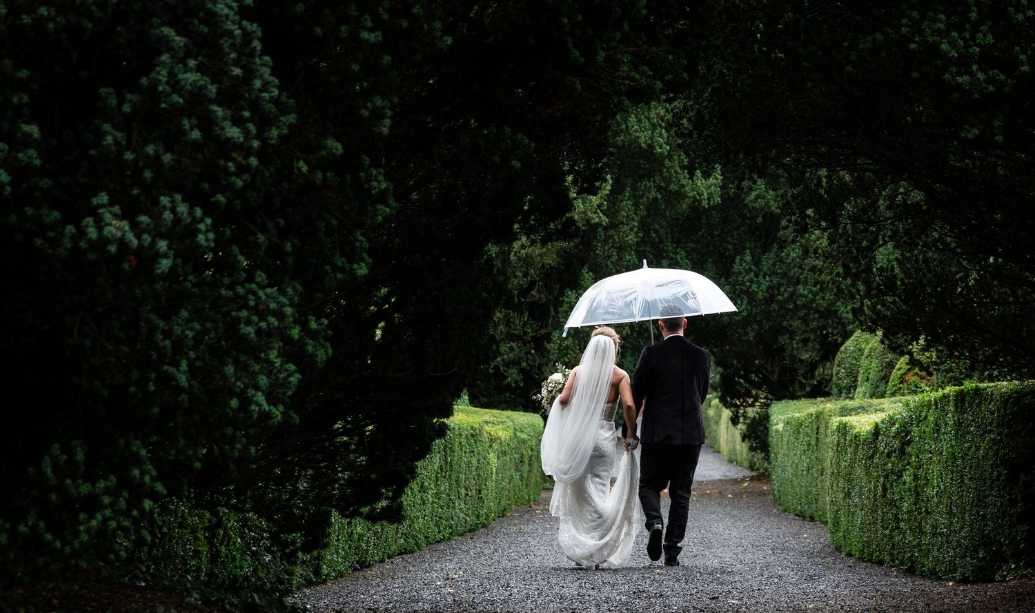 A couple walks down a garden path sharing a white umbrella on a rainy day.