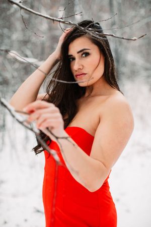 Woman in red strapless dress poses against snowy winter background with bare branches.