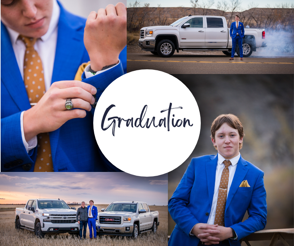 Graduation themed collage featuring blue suit, pickup trucks, and formal portraits.
