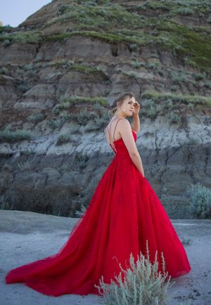 Flowing red ballgown contrasts beautifully with desert landscape and rocky cliffs.