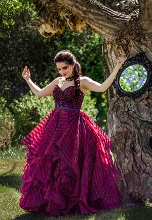 Magical garden scene with burgundy ballgown and whimsical tree mirror display.