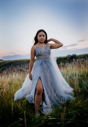 Elegant pale blue formal dress with beaded bodice photographed in field at sunset.