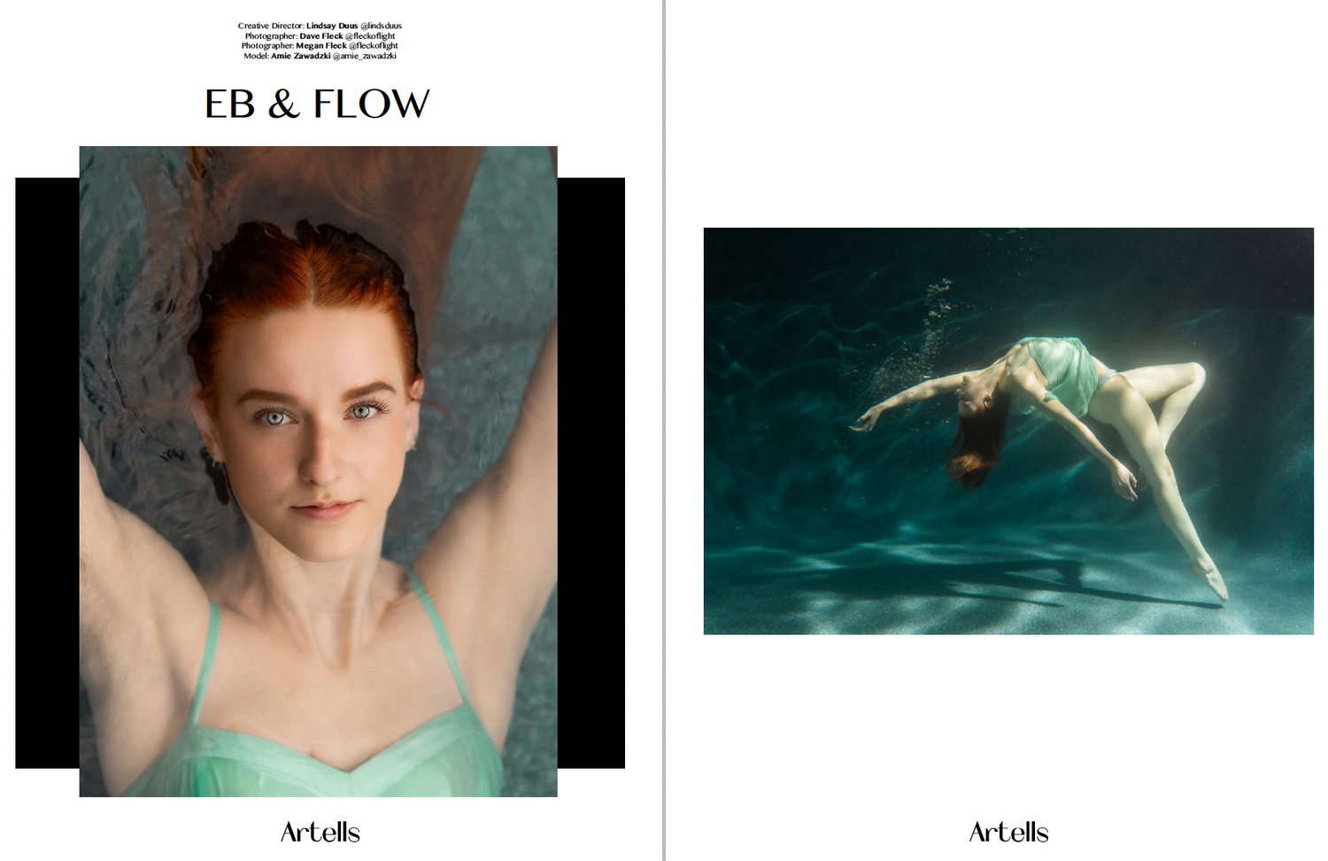 Two artistic aquatic-themed photographs showing ethereal underwater movements and poses against dark backgrounds.