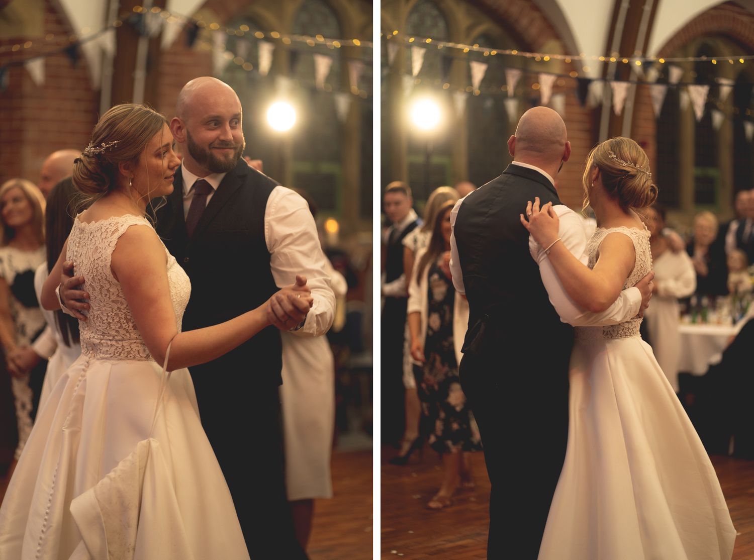 Couples dancing together during a wedding reception in a decorated hall.