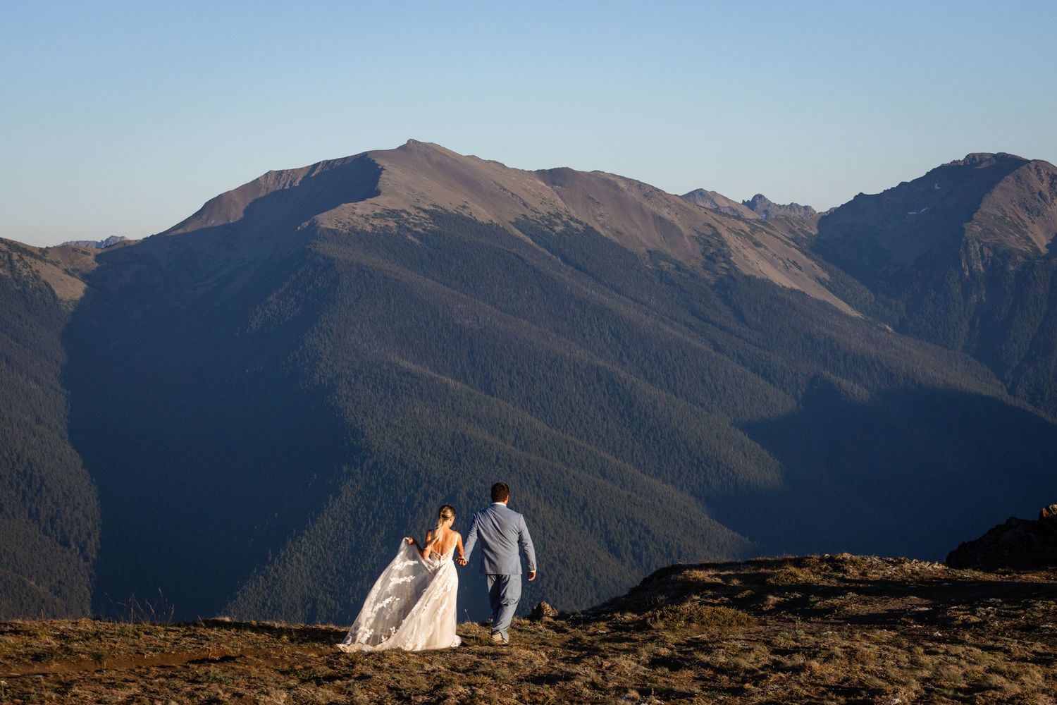 Bride and groom walk hand-in-hand across an alpine meadow with majestic mountain range backdrop.