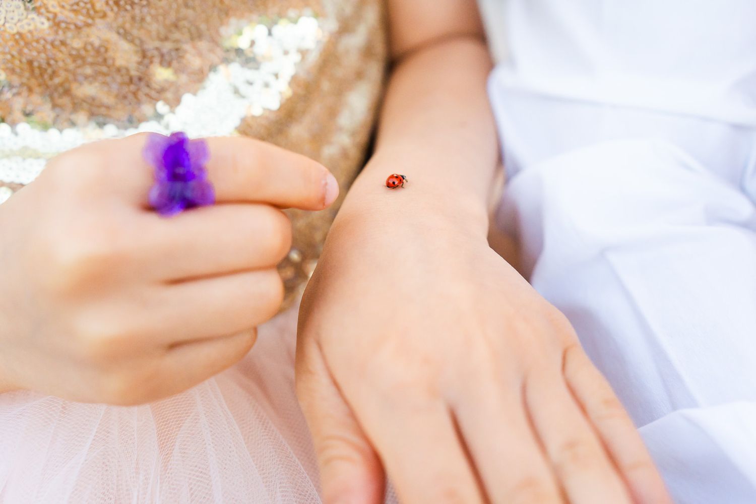 Closeup of ladybug on girls arm.