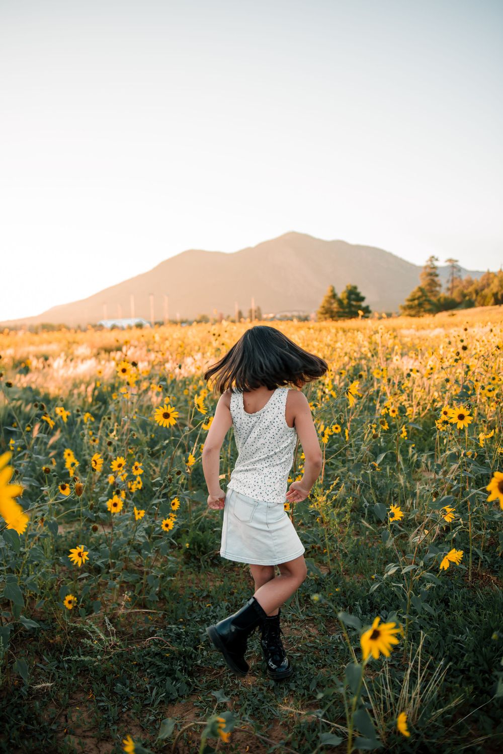 A playful dance captured in a sunflower field with mountains and golden sunset light.