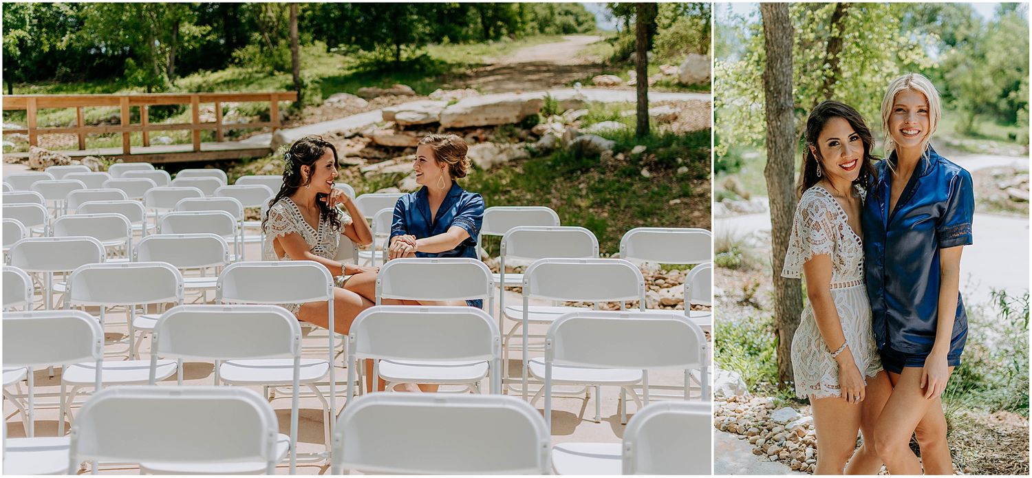 Wedding party members relax at outdoor tables and chairs in a sunny garden setting.