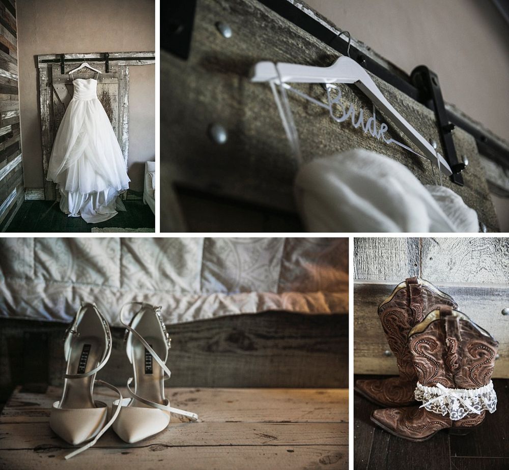 A stunning collection of wedding details including ivory dress, heels, elegant boots, and delicate garter for a rustic celebration.