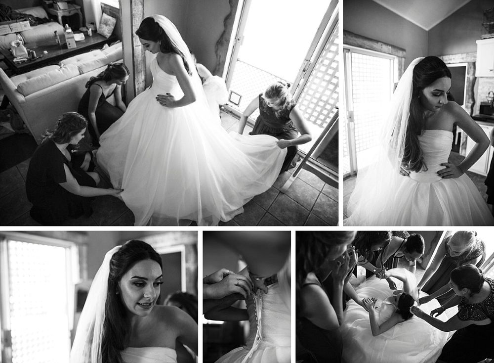 Black and white collage of wedding preparation moments featuring a tulle gown and final touches before the ceremony.