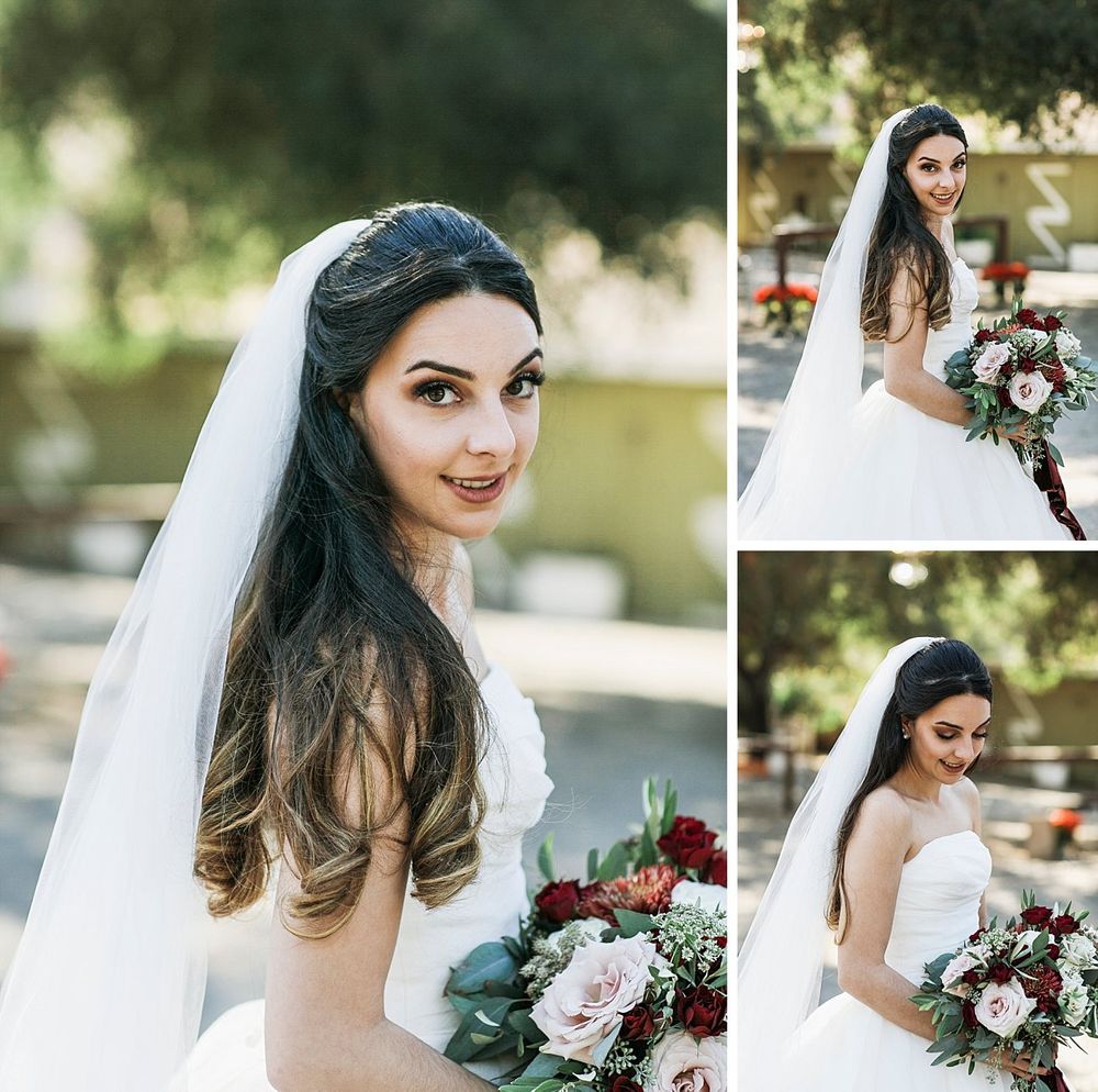 A bride in a white sleeveless gown holds a burgundy and blush floral bouquet in three elegant outdoor wedding photos.