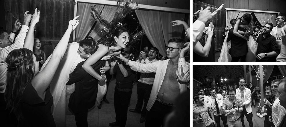 Black and white wedding reception photos show people dancing and celebrating at a lively party.
