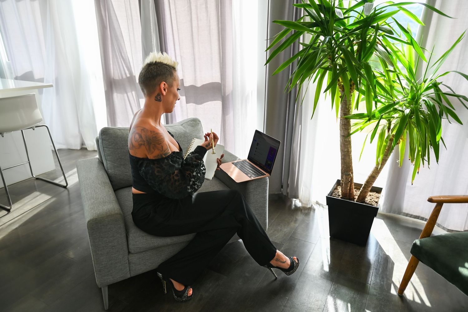 Person using laptop while sitting by window with large green houseplant.