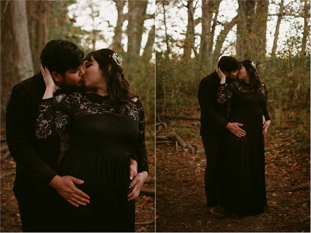 A romantic couple in black clothing sharing intimate moments in a forest, shown in two side-by-side photos.