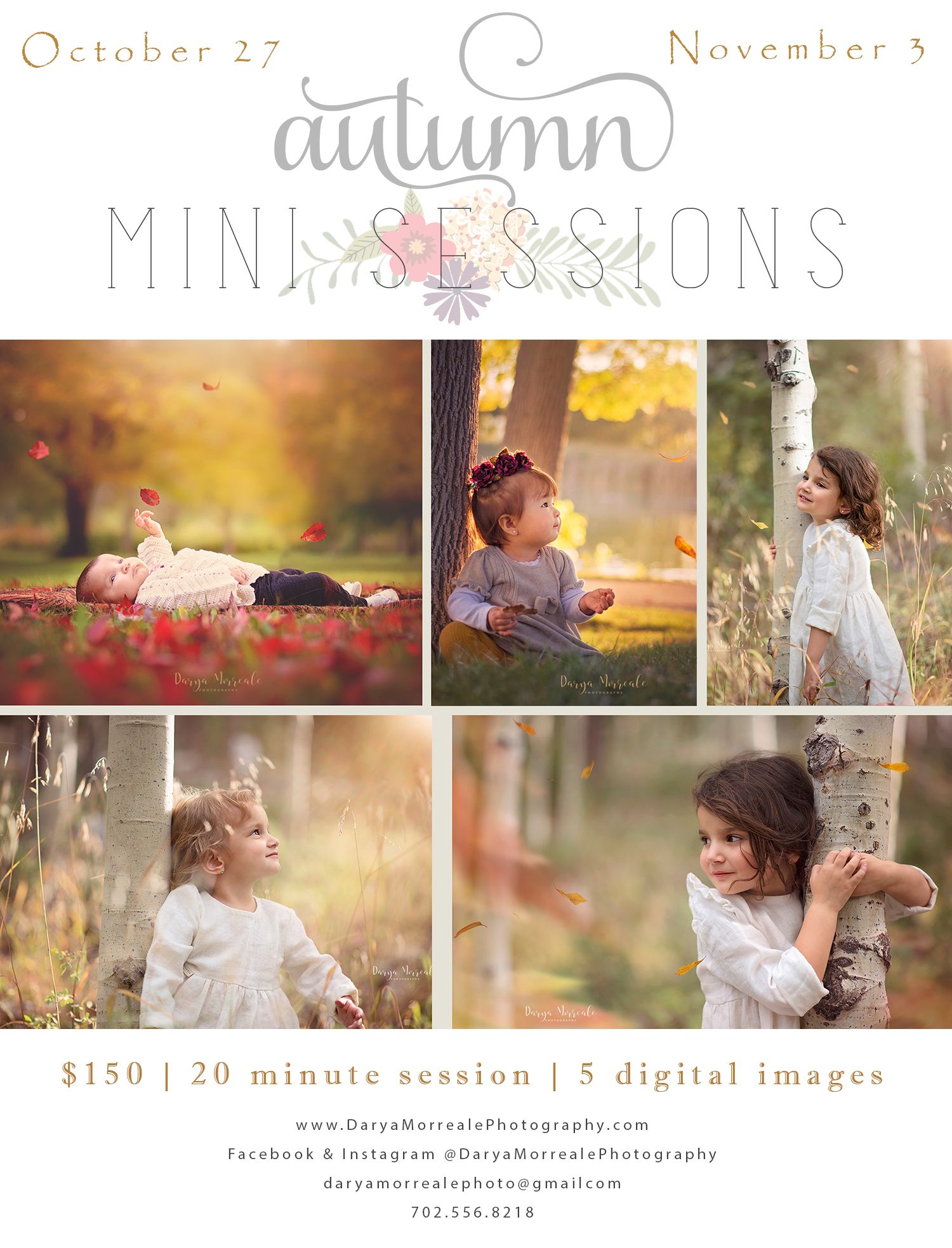 Autumn mini session photography advertisement showing outdoor portrait samples in golden light.
