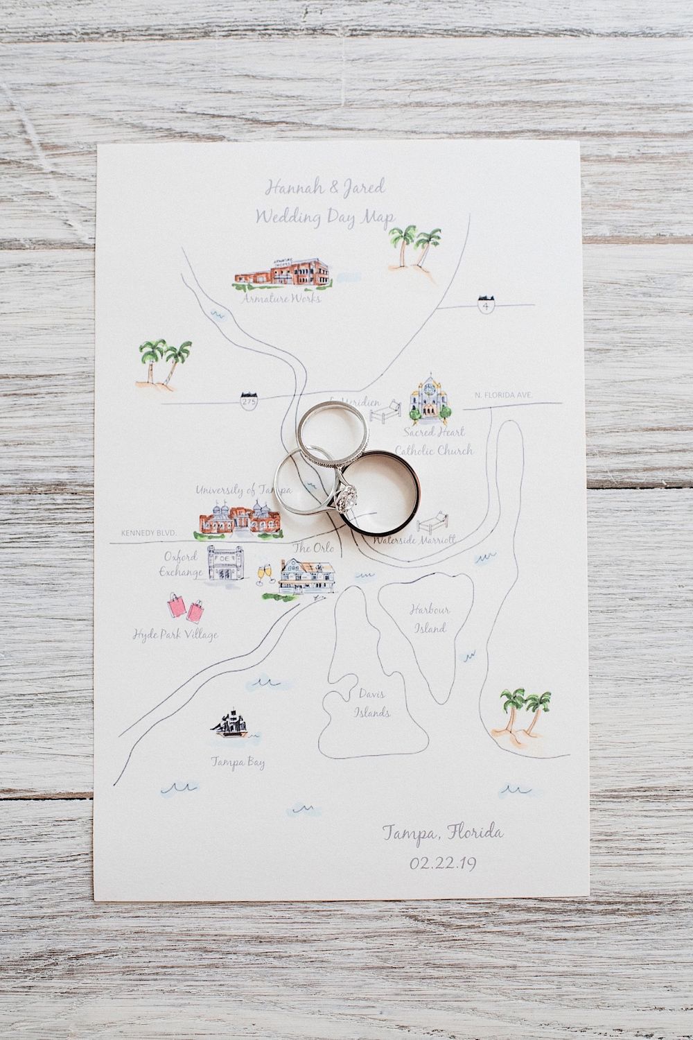 Hand drawn map of Tampa, FL for a wedding at The Orlo