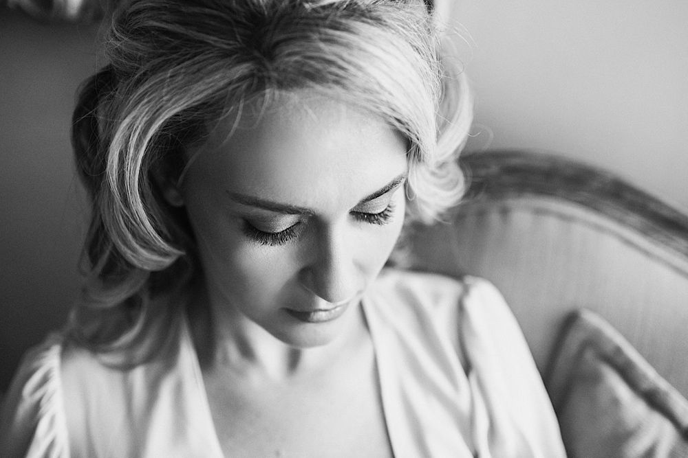 close up of bride's face in black and white