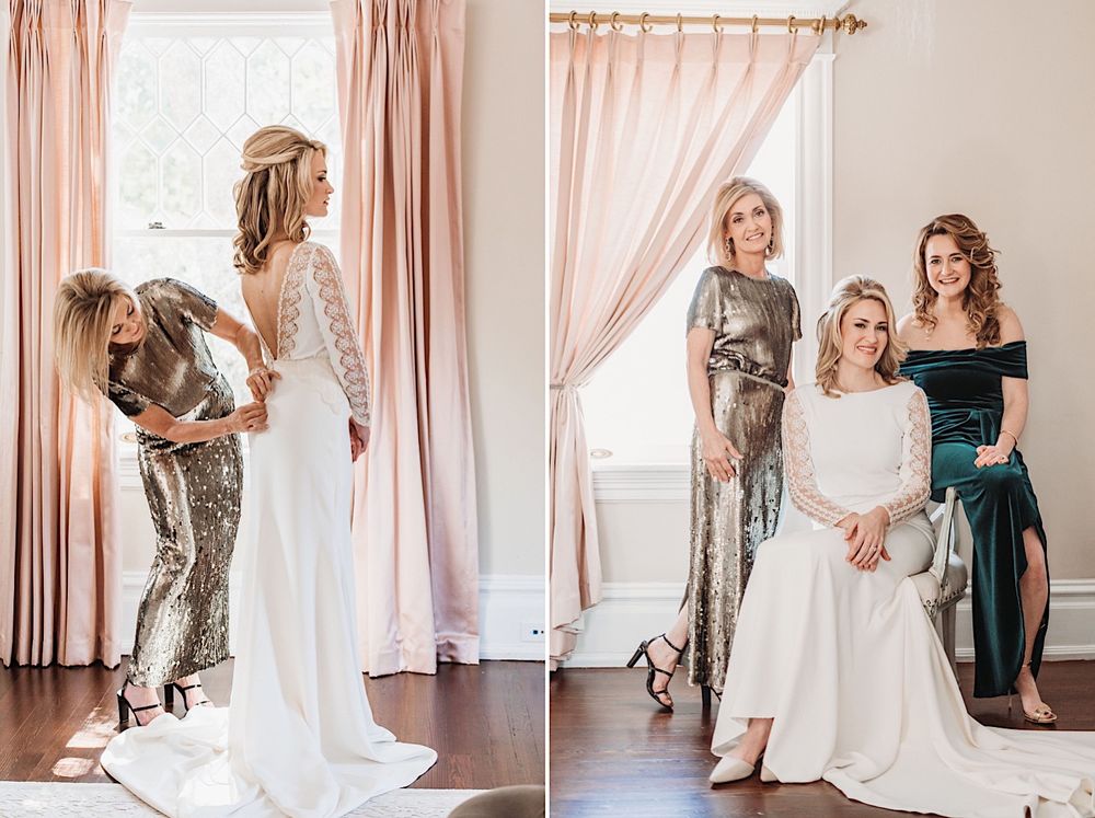 a mother buttoning a bride's BHLDN wedding dress