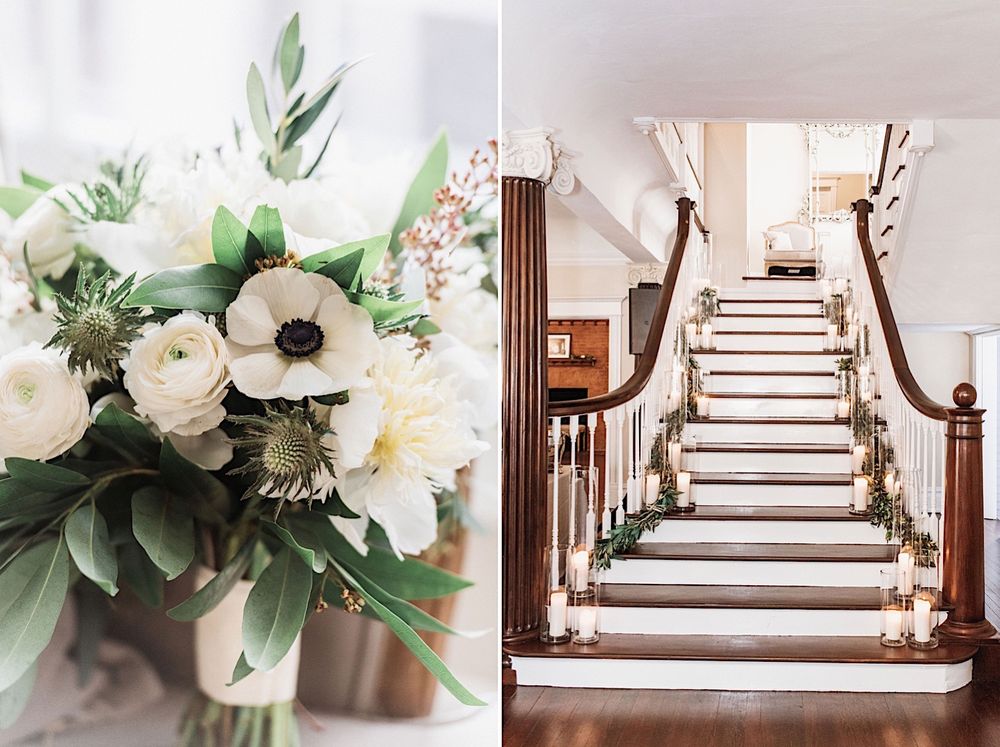 bridal bouquet and stairway lined with candles and greenery at the Orlo in tampa
