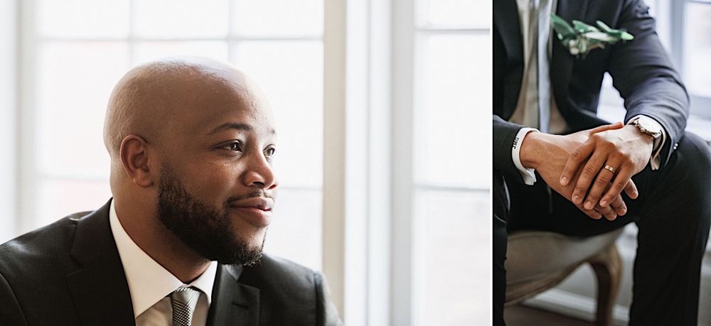 Groom looking our the window and clasping his hands together showing his wedding band