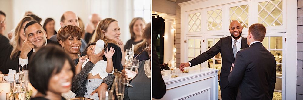 wedding guests smiling and talking