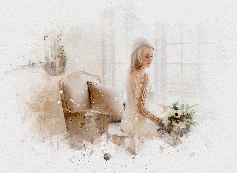 watercolor art of a bride sitting near the window