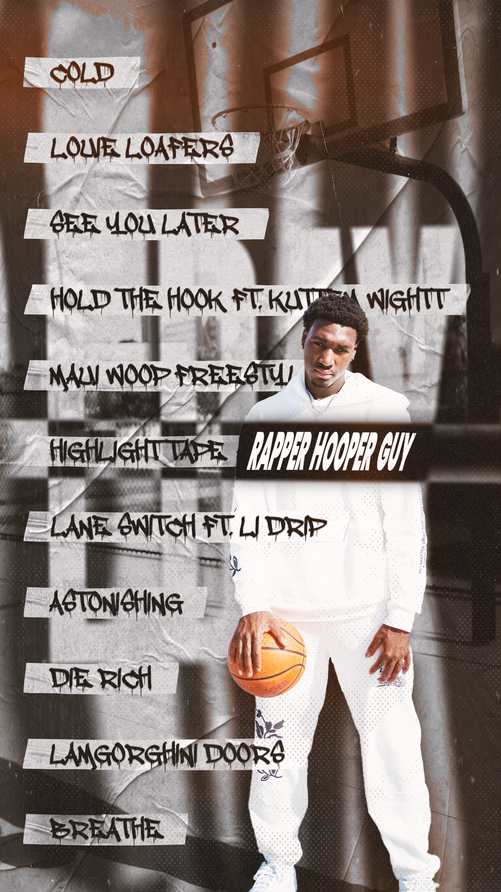 Album tracklist with basketball photo showing song titles including 'Cold' and 'Louie Loafers' against an urban backdrop.