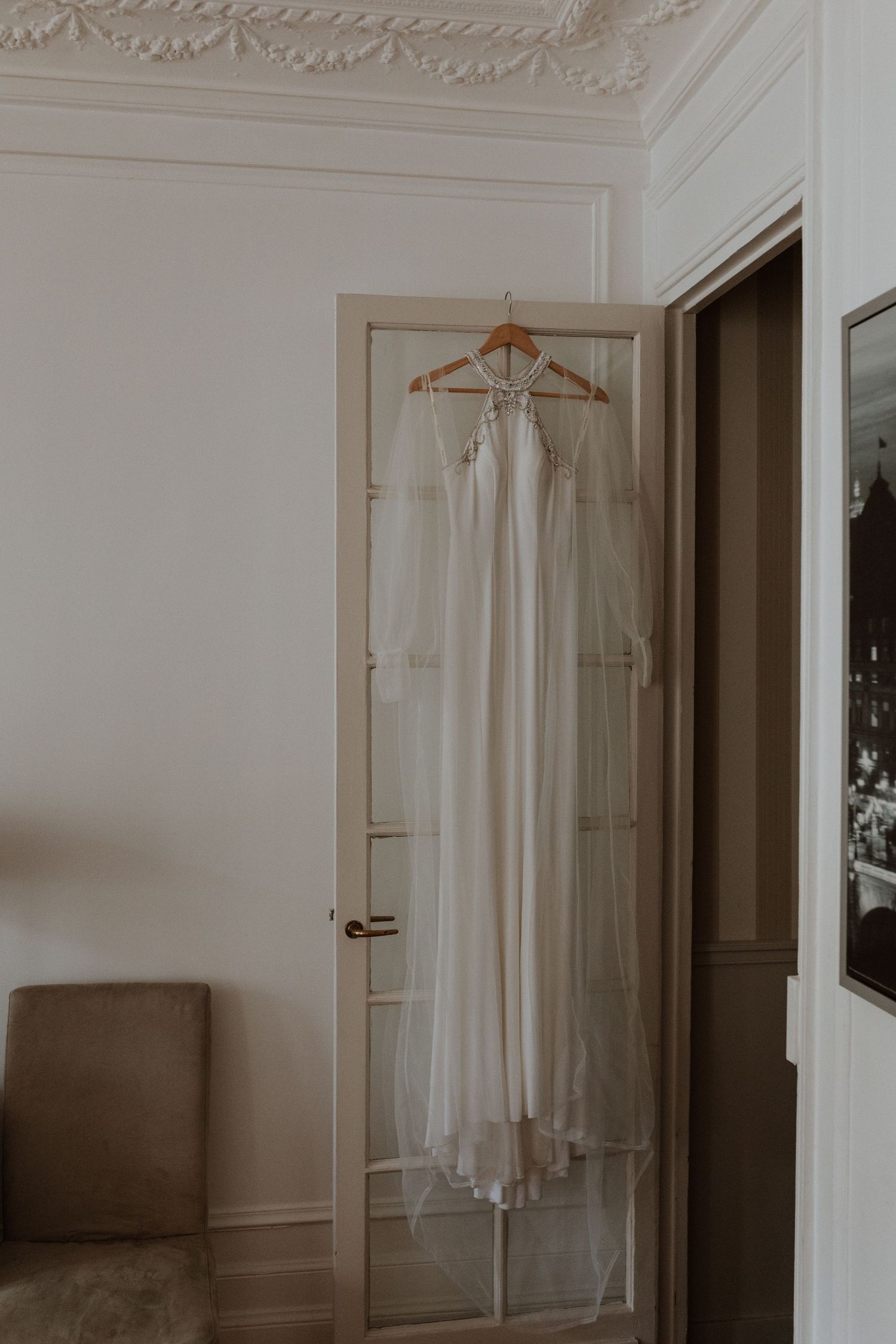 Beautiful white simple classic wedding Dress from My Wardrobe by Teresa Jayne & balloon sleeve cape from Adorn by Ashley