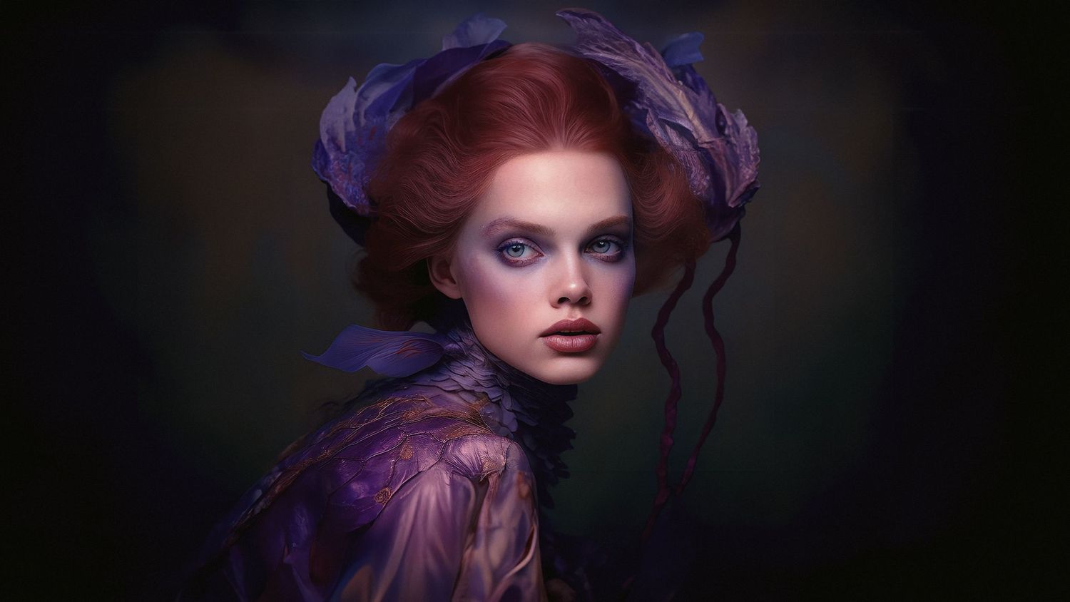 Dramatic portrait with purple hair and clothing in dark moody lighting.