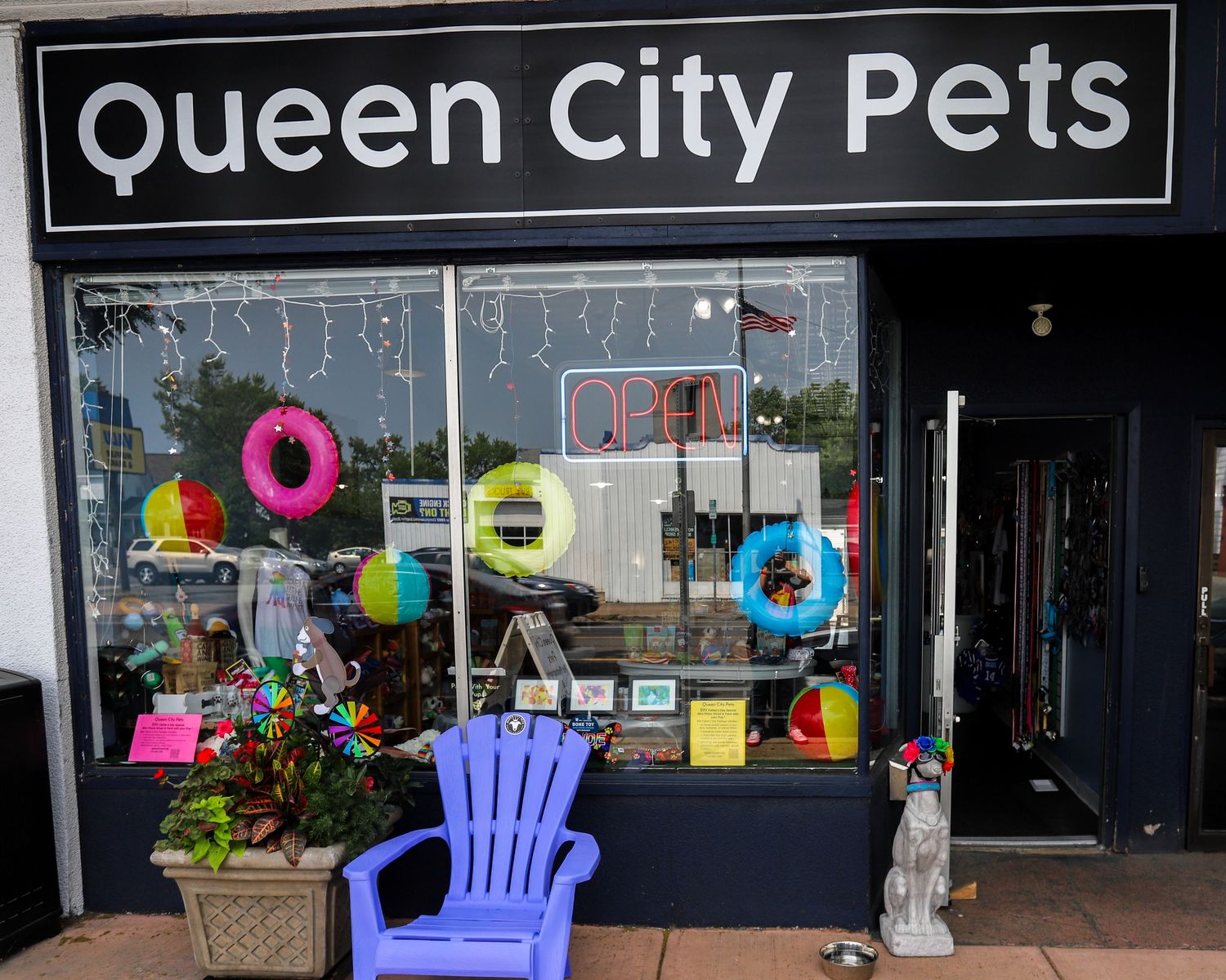 Exterior storefront of Queen City Pets with purple chair and decorative elements.