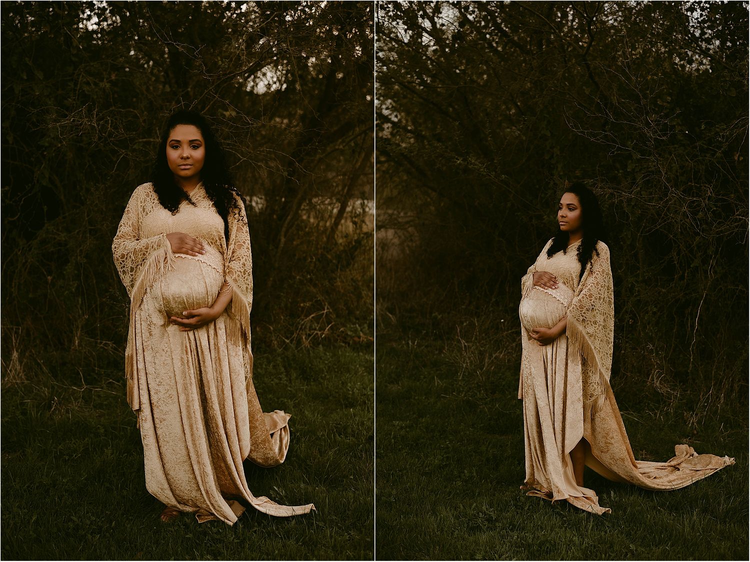 Side-by-side maternity shots showing flowing cream dress and lace shawl in natural setting.