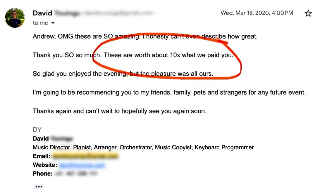 Email screenshot showing positive customer review feedback and testimonial.