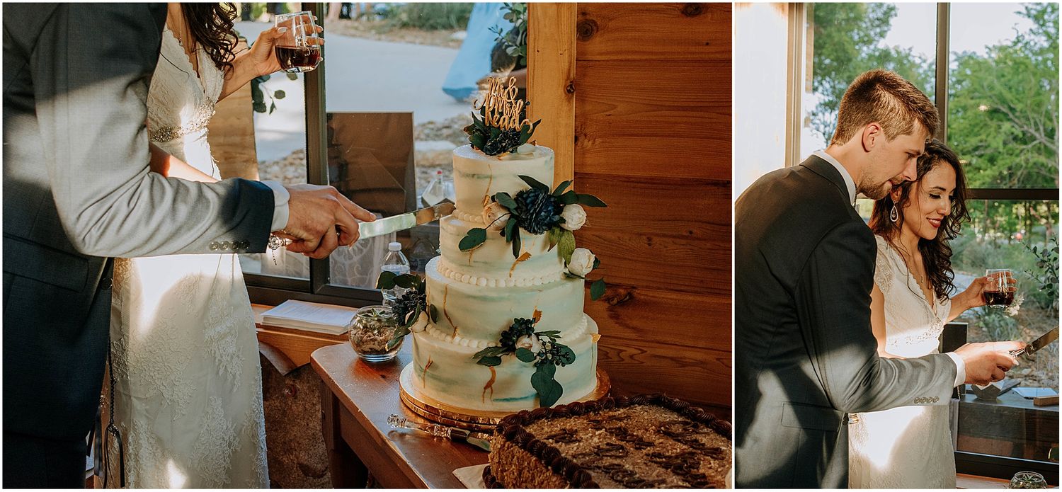 Wedding cake cutting scene with elegant white tiered cake adorned with blue and white flowers.