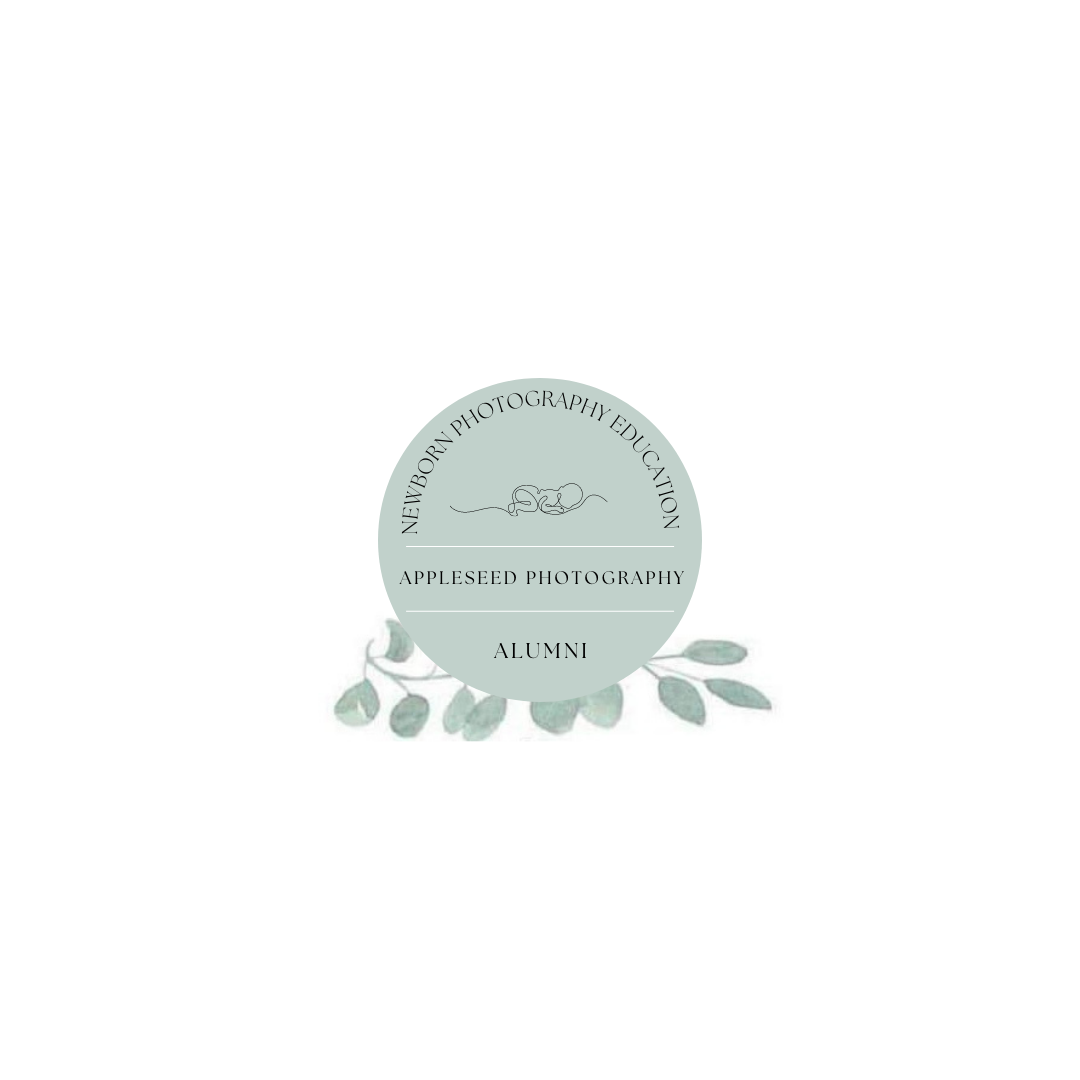 Appleseed Photography Alumni badge with elegant botanical leaf design in soft sage green tones.