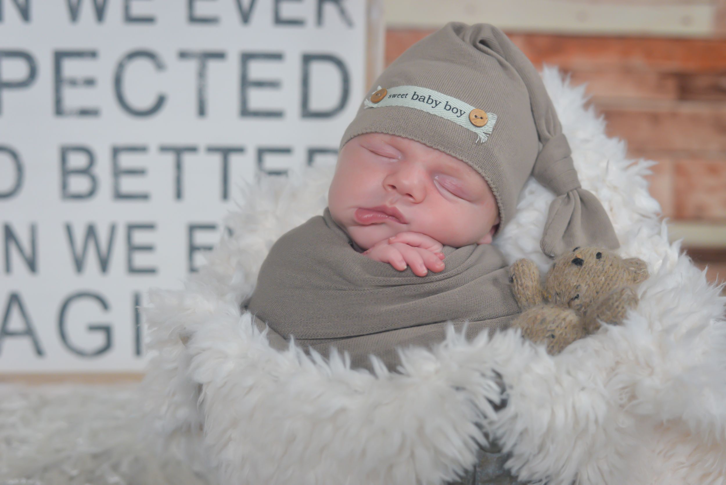 A sleeping newborn swaddled in gray and white with a stuffed animal companion.