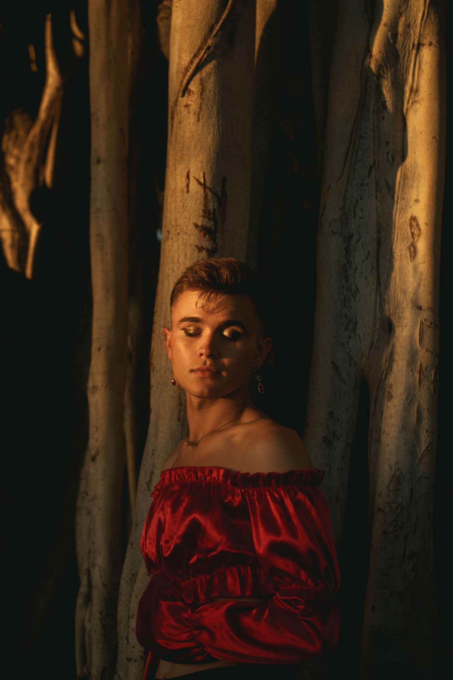 Artistic portrait series showing a figure in a dramatic red dress against dark tree trunks in moody lighting.