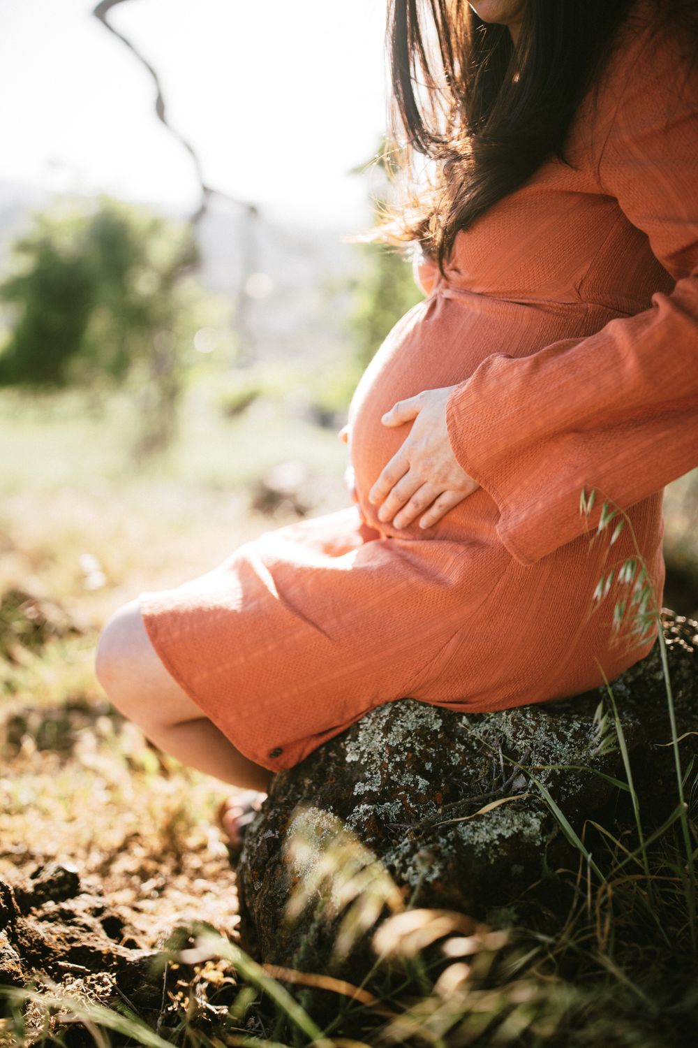 A close-up of a pregnant woman's belly in a terracotta dress among wildflowers.