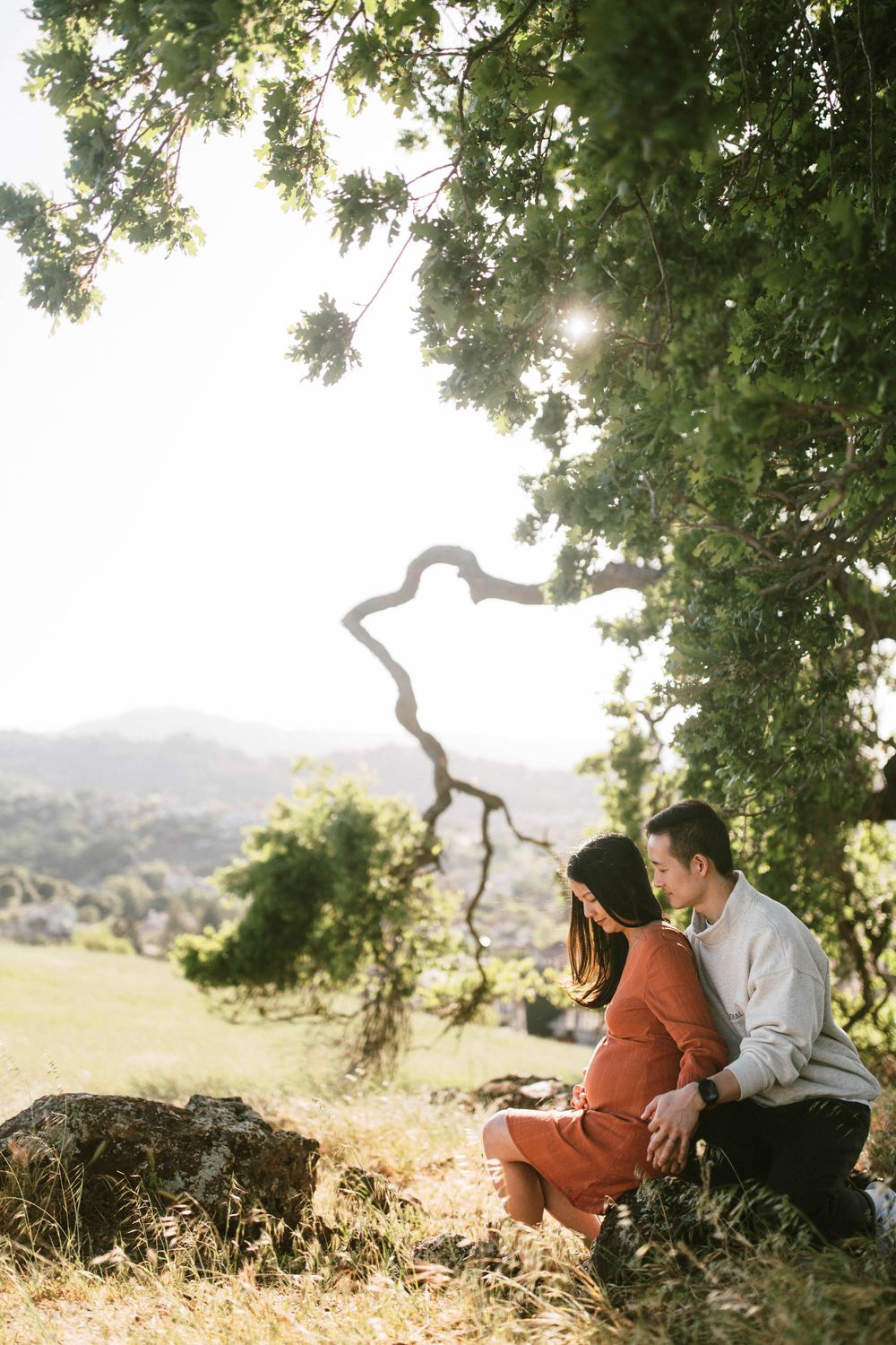 Two people rest together under a curving tree branch with golden hills in the background.