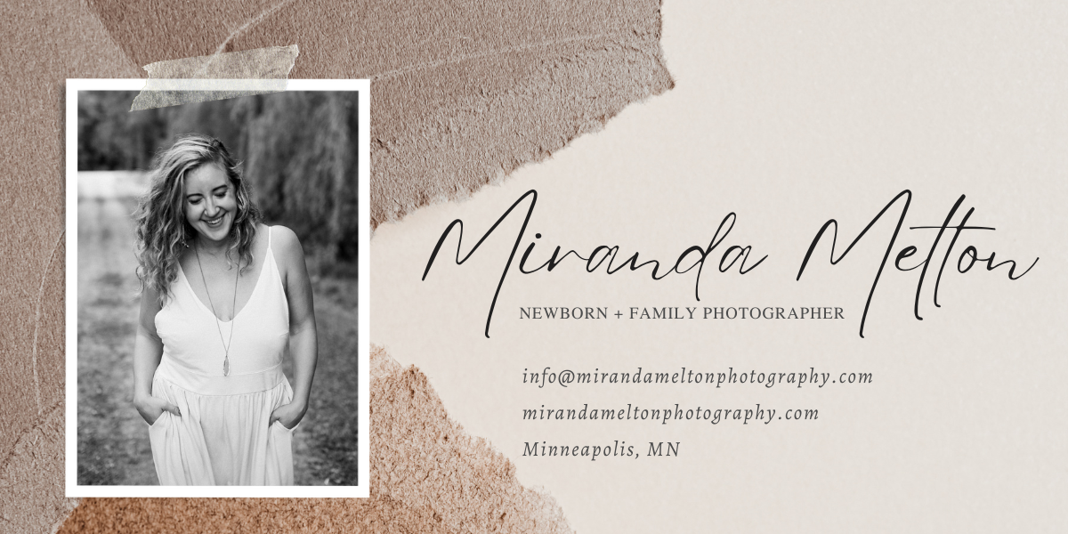A photo of Miranda, a Twin Cities Family Photographer, appears taped next to her contact information