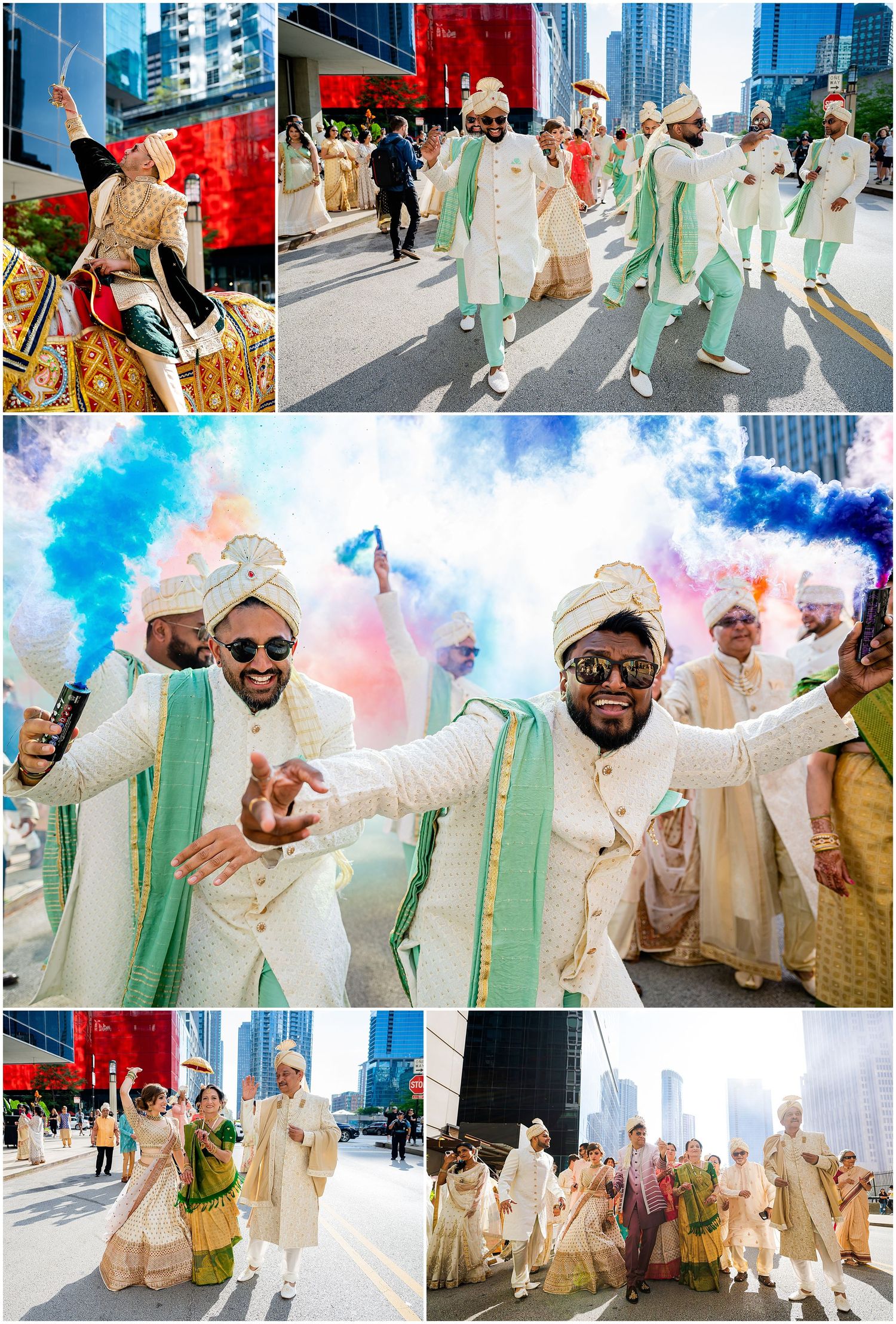 Celebratory wedding procession with colorful smoke effects and participants in mint green and cream outfits.