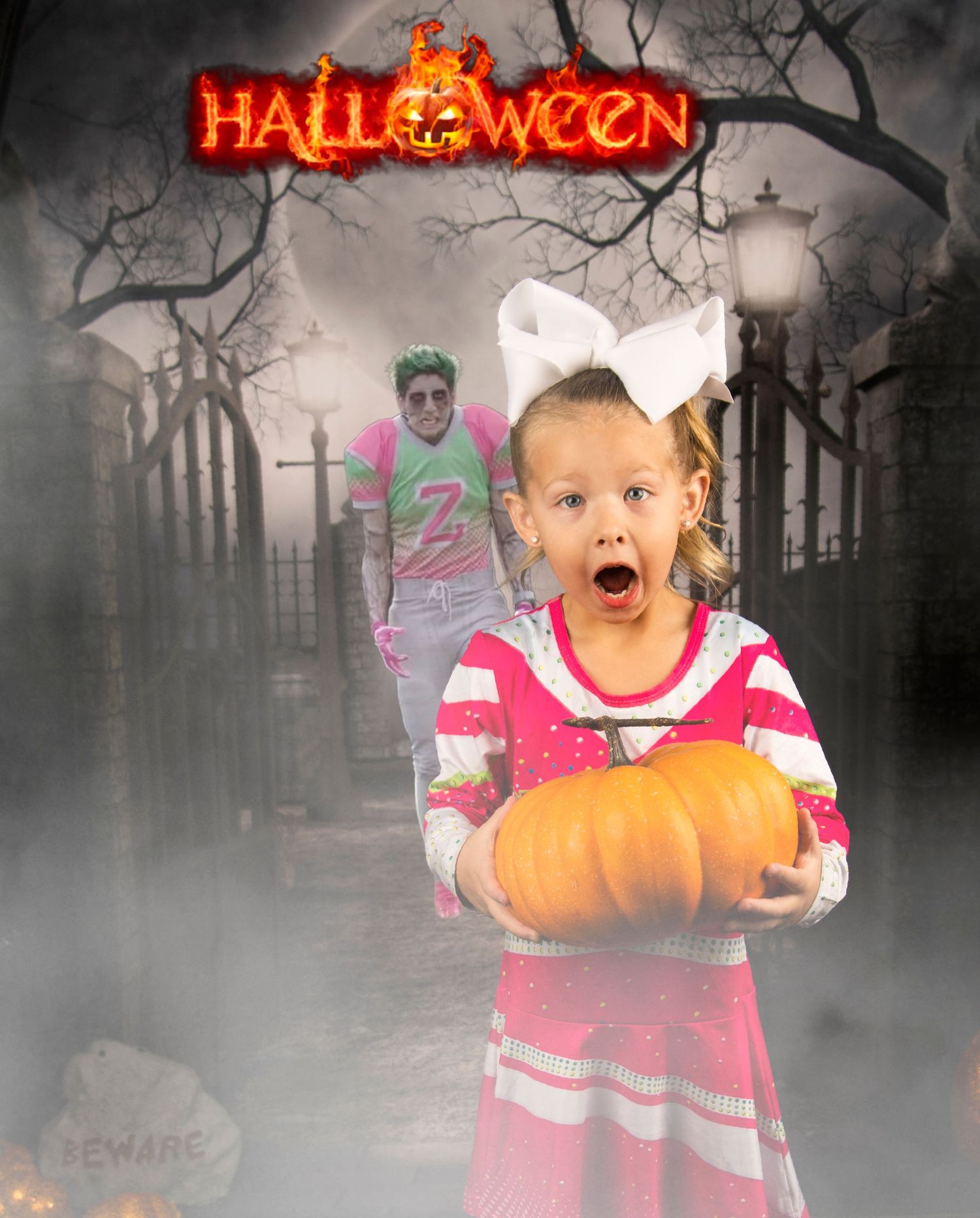 Spooky Halloween portrait with child holding pumpkin in foggy cemetery setting.
