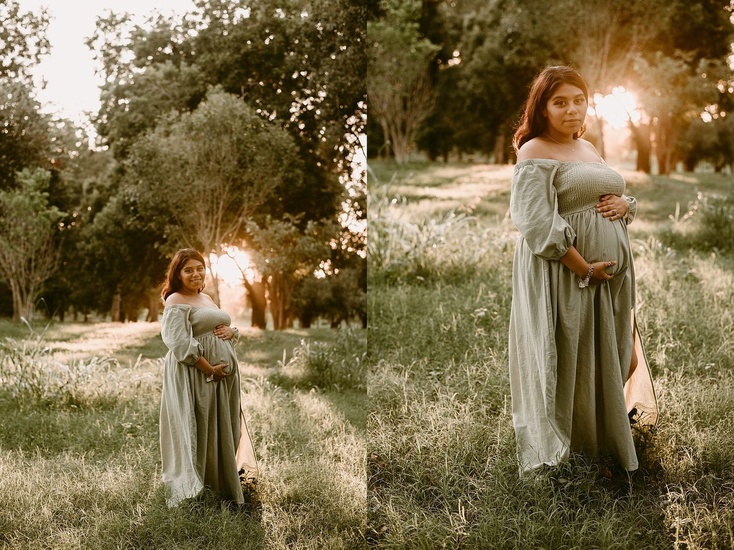 Side-by-side maternity photos capturing golden hour light in a natural outdoor setting.