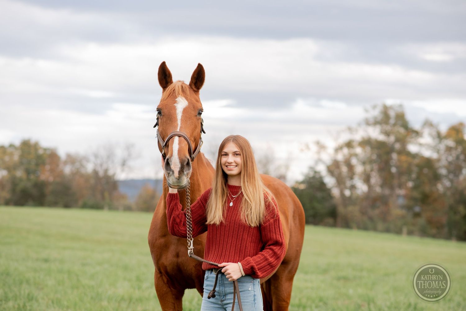 Person standing beside a chestnut horse in a green pasture on an overcast day.