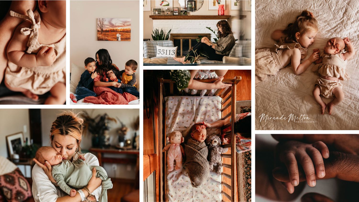 A collage of lifestyle newborn photos taken in clients' homes by Miranda Melton Photography