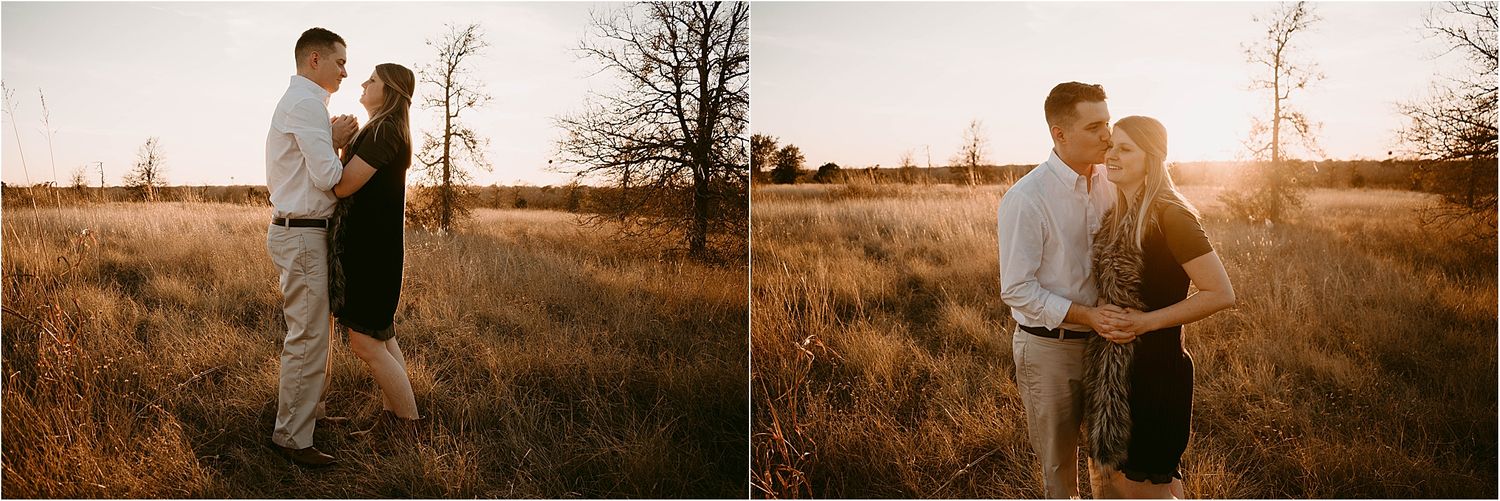 Split image capturing tender moments between a couple in a golden field at sunset.
