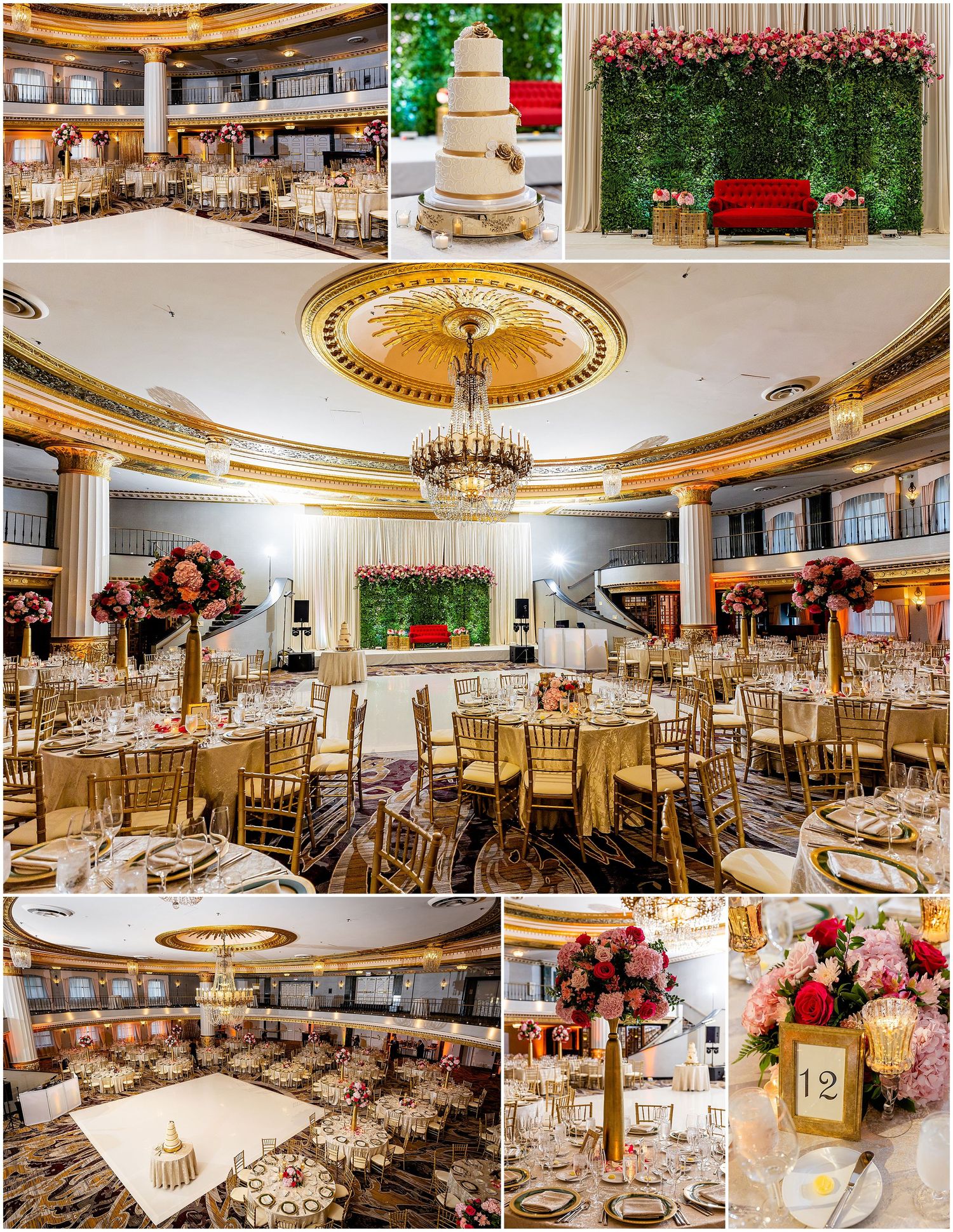 Luxurious ballroom wedding reception venue with gold decor, crystal chandelier, and elegant table settings.
