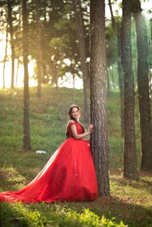 Young woman in stunning red ballgown with tiara leaning against a tree in a sunlit magical forest setting.