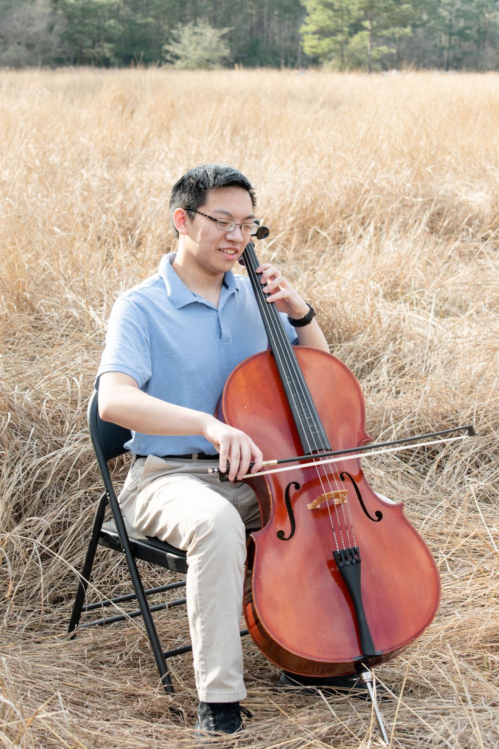 A cellist performs while seated on a folding chair in a golden field.